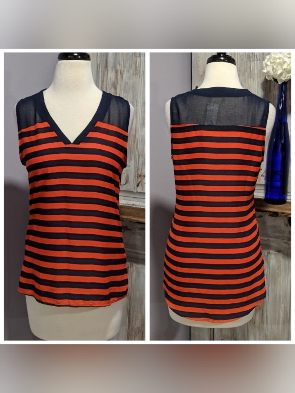 NWT Fun 2 Fun (Stitch Fix) Sonoma Navy & Orange Striped V-Neck Tank